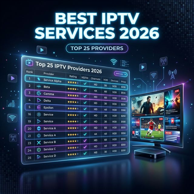 Best IPTV services comparison chart showing top 25 providers for 2026